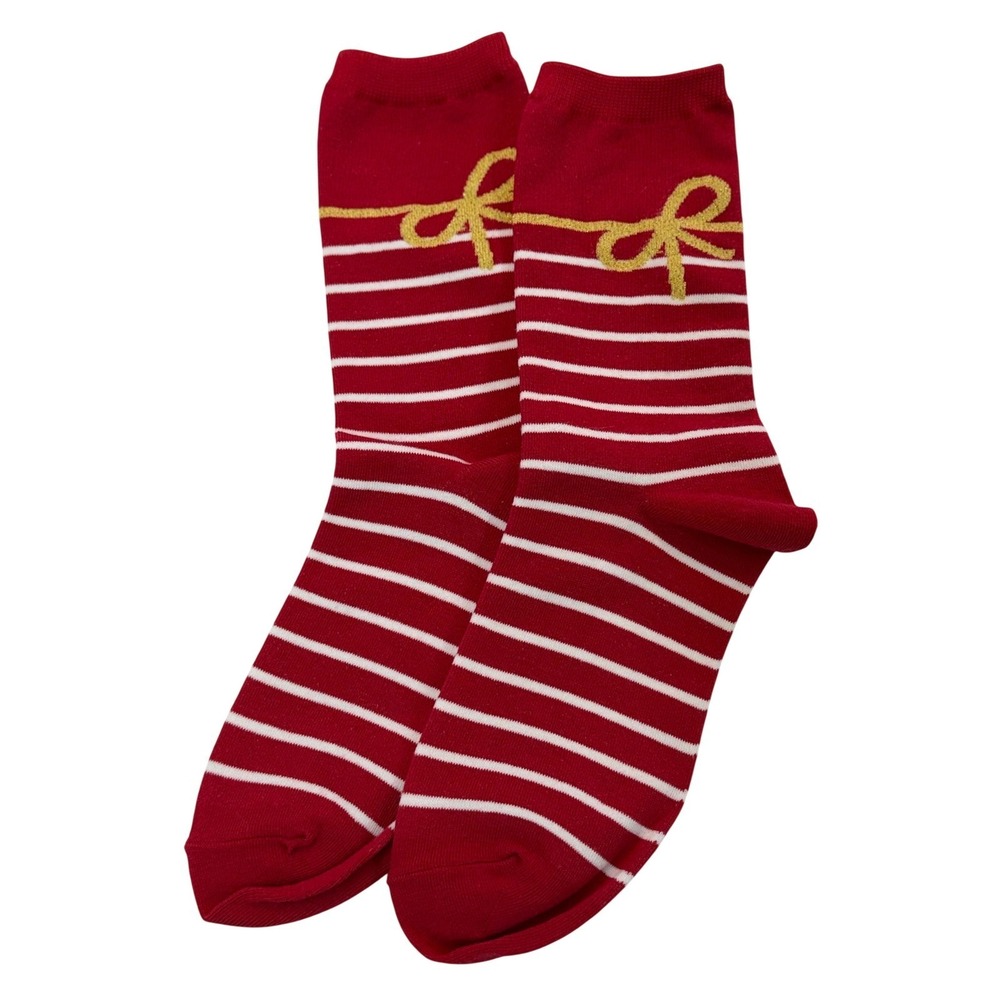 Unbranded Socks Red White Striped Gold Bow Holiday Christmas Crew One Size Women